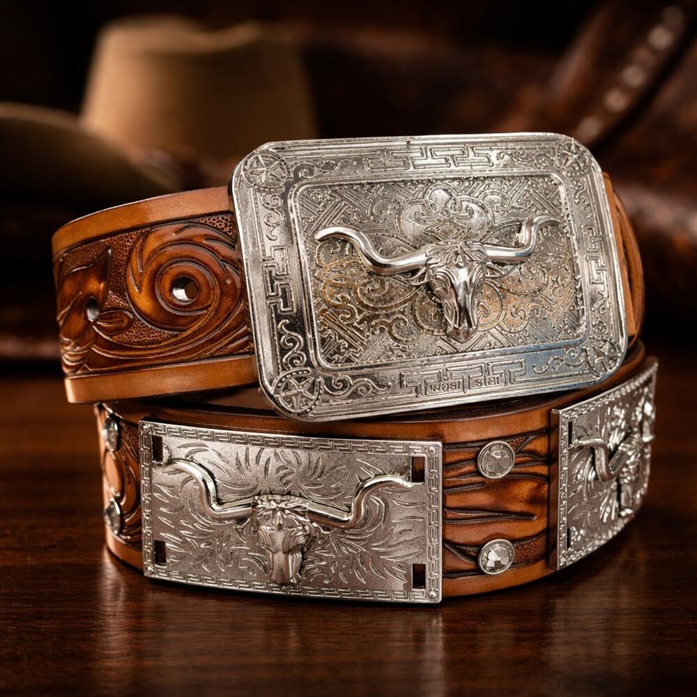 Western Concho Brown Belt Longhorns Clear Rhinestones Size Large Tan Br